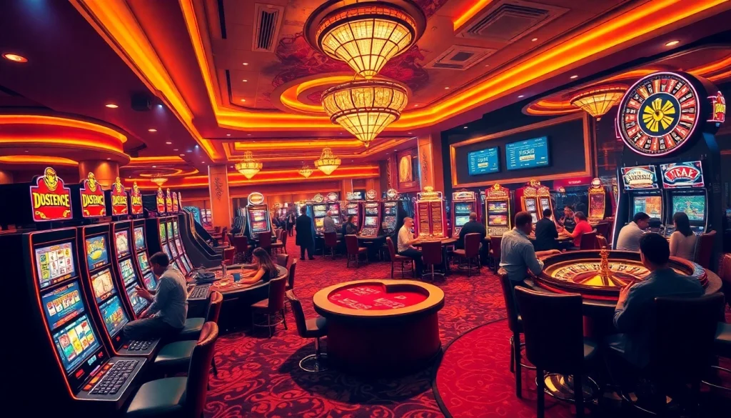 Engaging casino scene highlighting free porn games-inspired slot machines and lively players.