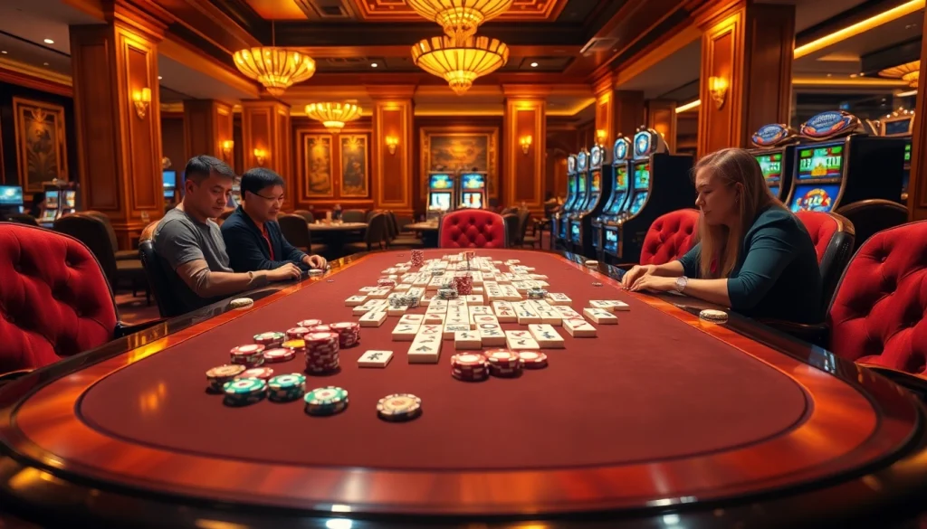 Players enjoying a game of link mahjong at a luxurious casino table, surrounded by vibrant slot machines.