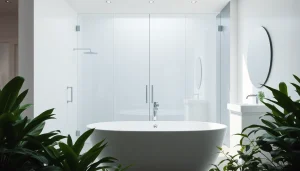 Elegant bathroom showcasing sunney shower doors, creating a modern and inviting atmosphere.