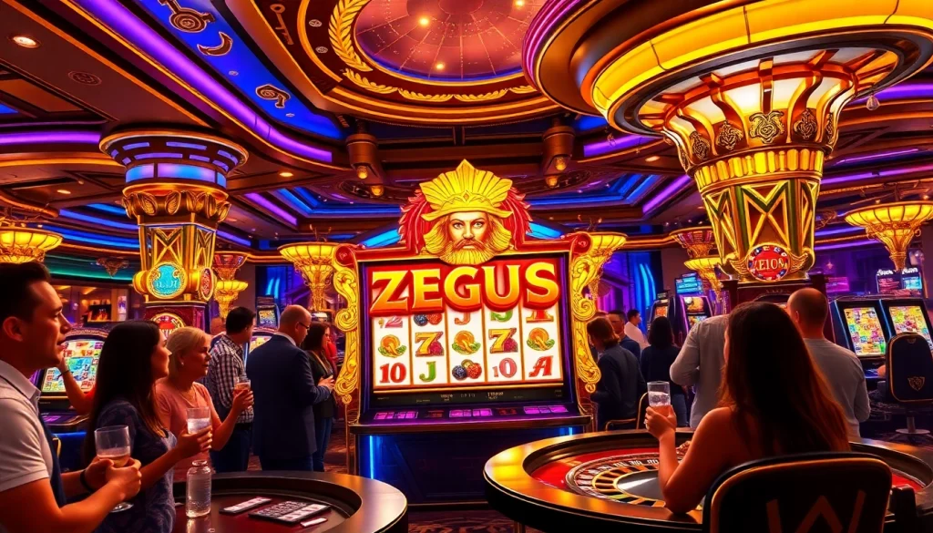 Bermain di mesin slot Zeus dengan gulungan berwarna cerah dan pemain yang bersemangat dalam suasana kasino yang hidup.