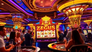 Bermain di mesin slot Zeus dengan gulungan berwarna cerah dan pemain yang bersemangat dalam suasana kasino yang hidup.