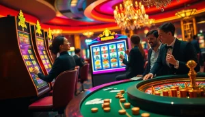 Experience the excitement of slot depo pulsa with players engaging in vibrant gameplay at a luxurious casino.