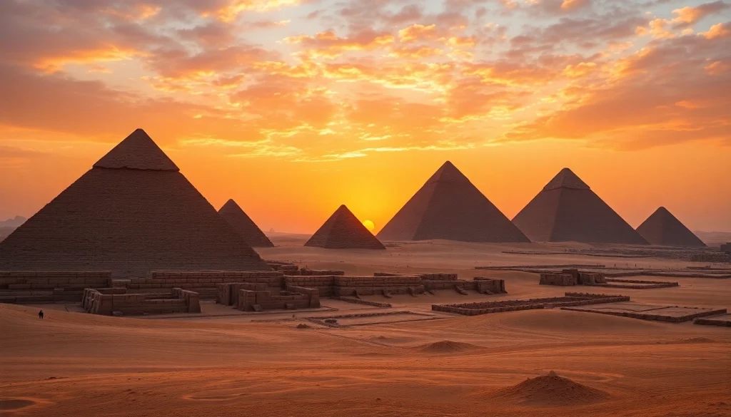 Explore the breathtaking pyramids of Giza, showcasing historical grandeur under a vibrant sunset.