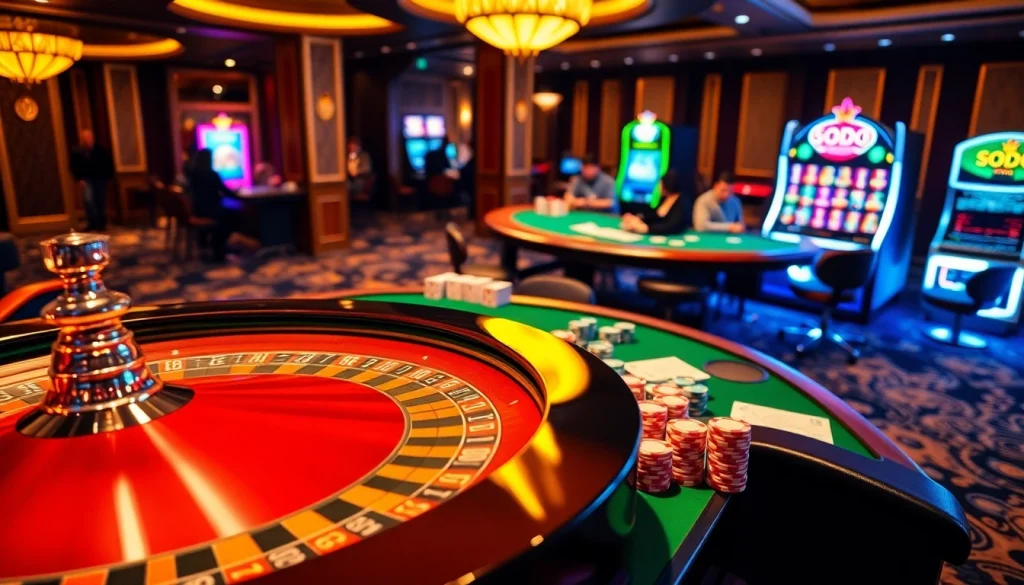 Experience excitement at SODO CASINO with a roulette wheel, poker chips, and vibrant casino ambiance.