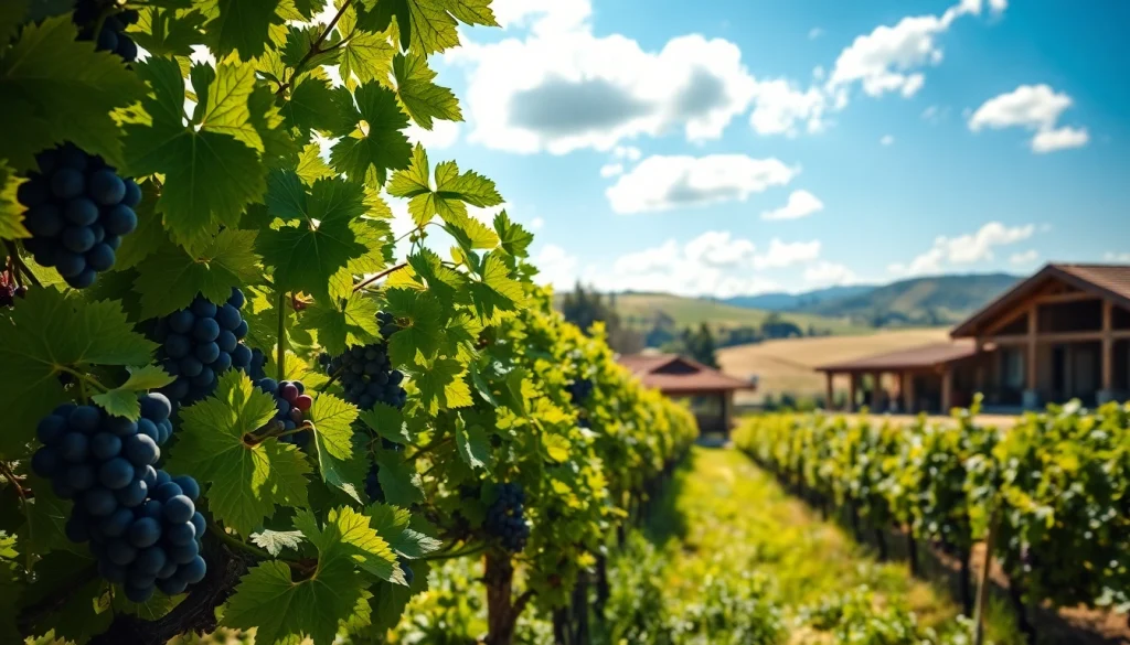 Discover vibrant Sacramento wineries set in lush vineyards against a bright sky.