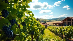 Discover vibrant Sacramento wineries set in lush vineyards against a bright sky.