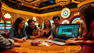 Engaging players at a luxurious poker table highlighting nhà cái yo88 for online gambling excitement.