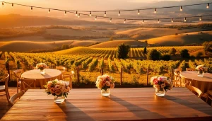 Experience the beauty of Clarksburg Wedding Venues with floral arrangements in a vineyard setting.