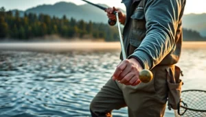 Action shot of the best fly fishing rods being used by a fisherman on a peaceful lake.