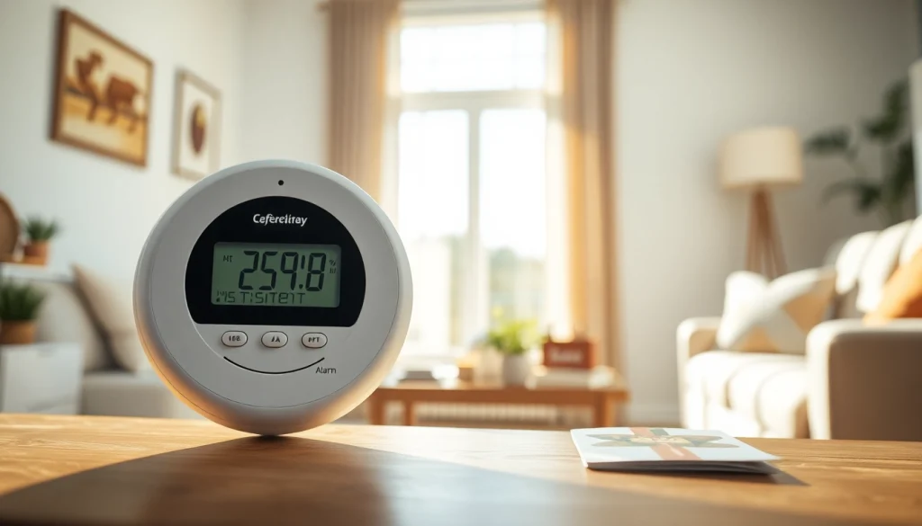 Carbon monoxide detector beeping in a cozy living room setting, emphasizing home safety.