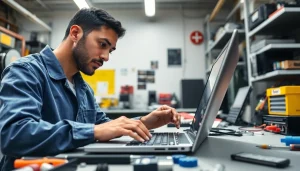 Expert performing computer repair on a laptop in a well-equipped workshop.