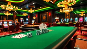 Engaging scene of players celebrating at a card table in nhà cái da88 casino with poker chips and cards.