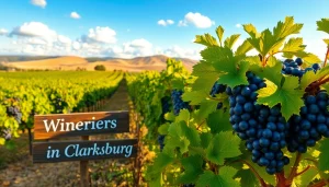 Stunning view of wineries in Clarksburg, featuring lush vineyards and ripe grapes.