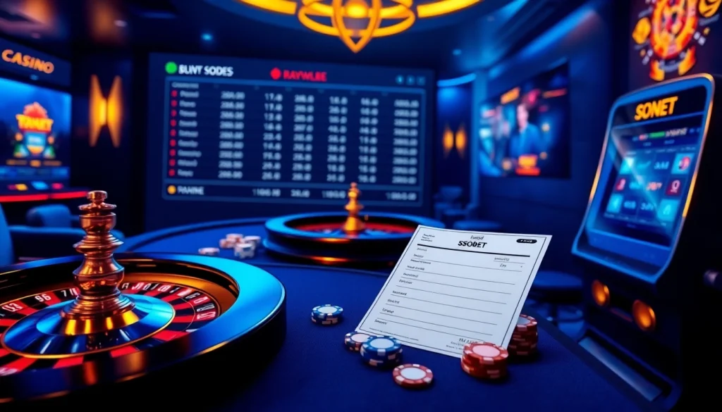 Experience the excitement of llink alternatif sbobet through a luxury online betting scene with casino tables and betting slips.