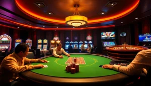 S8 poker players engaged at a luxurious casino table amidst vibrant slot machines and roulette.