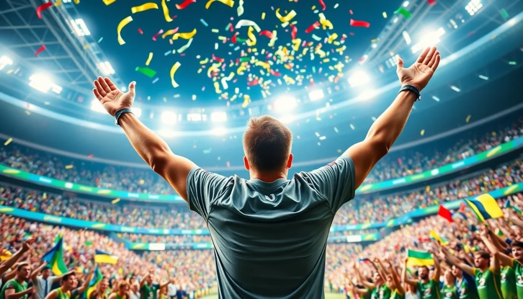 1win promo kod ilə mükafat qazanan idmançı stadionda sevinclə qeyd edir.