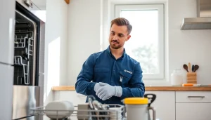Expert performing BOSCH dishwasher repair in a modern kitchen with tools and appliances.