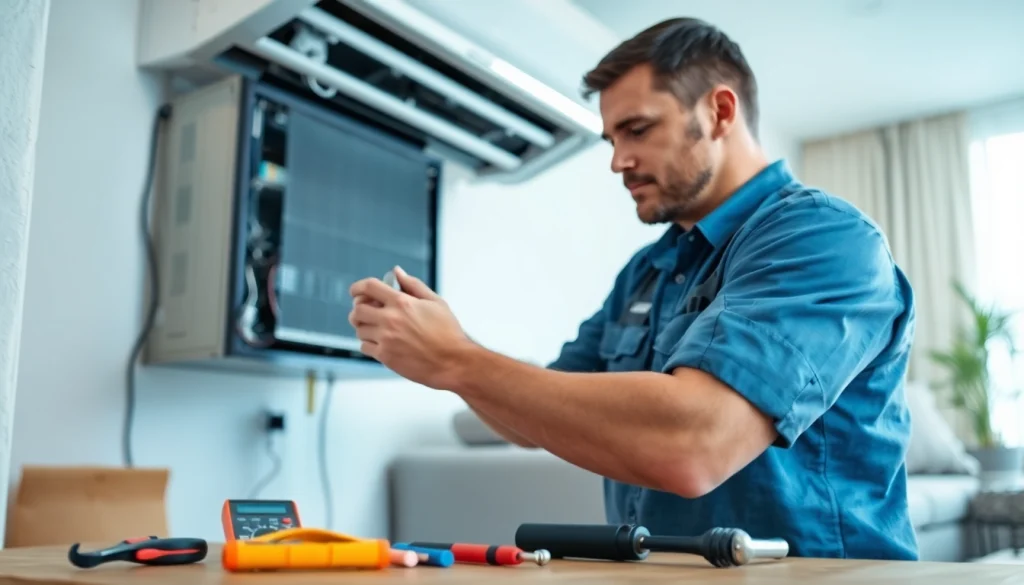 AC Repair Tampa FL technician fixing an AC unit in a home setting with tools and bright lighting.