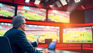 Engaging host delivering Sports Broadcasting news in a vibrant studio with dynamic visuals.
