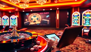 Engage in thrilling online gaming at https://xx88.today/ with an exciting casino scene featuring roulette and slot machines.