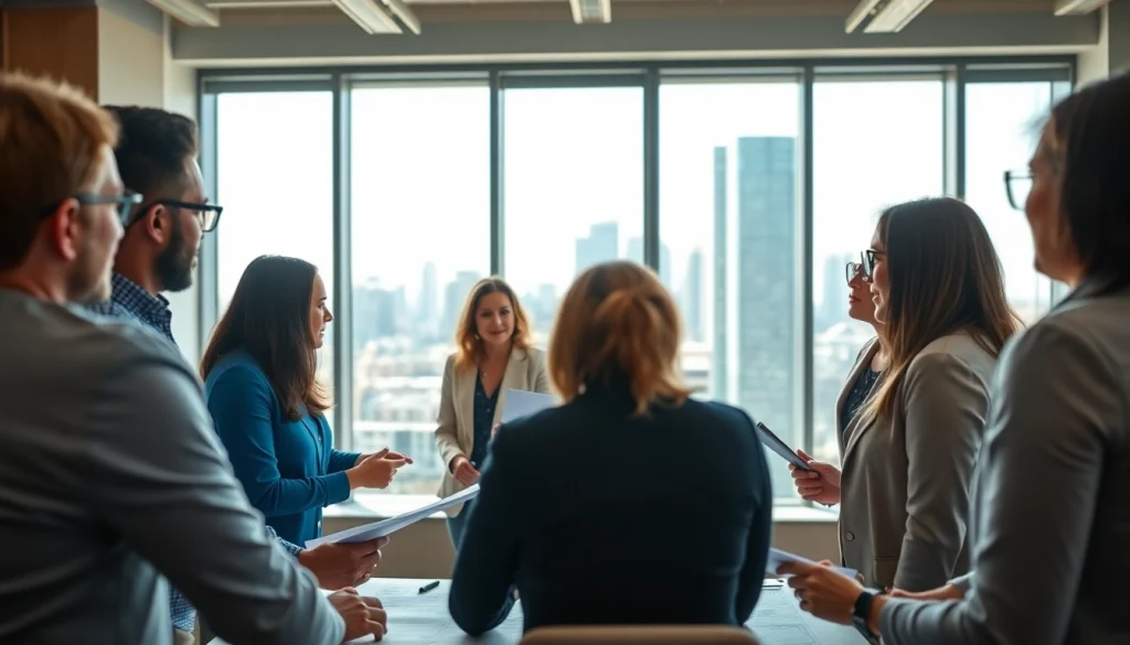 Engaged construction advocacy professionals collaborating in a modern conference room.