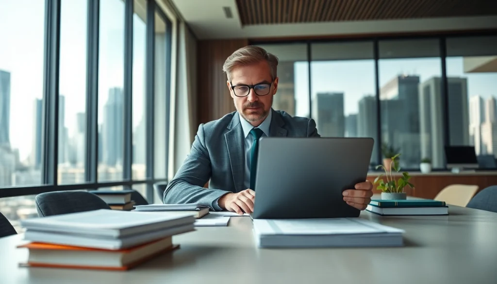 Environmental lawyer reviewing legal documents in a modern office setting with a city view.