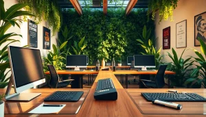 Engaging scene of a typing center with modern workstations, enhancing productivity.