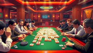 Engaging players enjoying link mahjong in a vibrant casino setting, matching tiles.