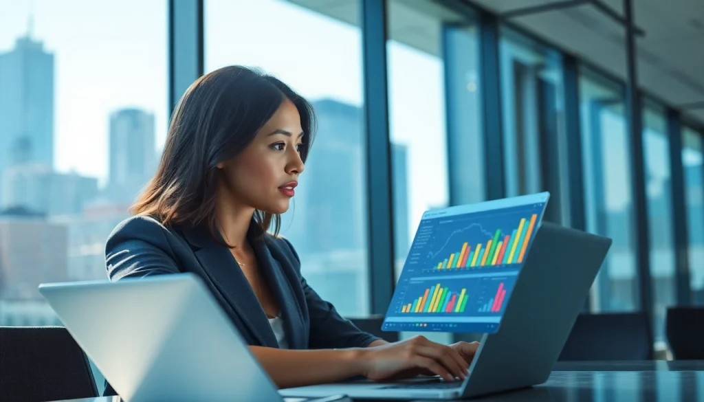 Analyze competitive intelligence data in a modern office with visual charts.