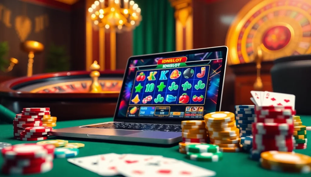 Engaging scene with an idnslot gaming interface and vibrant casino elements, evoking excitement.