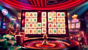 Terlibat dalam permainan Link Mahjong dengan latar elemen kasino yang menarik seperti chip poker dan roda roulette.