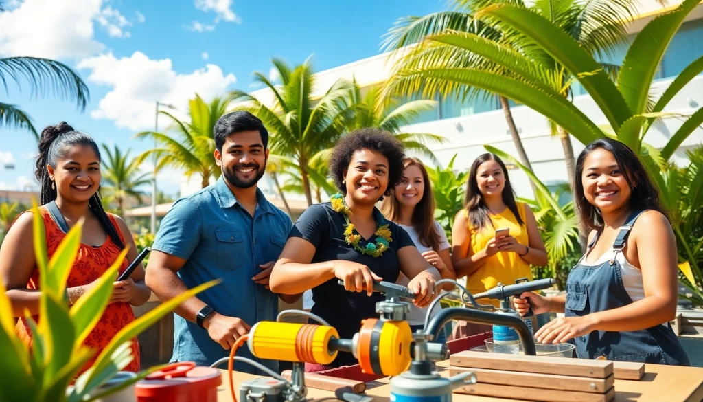 Students engaging in practical skills at hawaii trade schools amidst a vibrant setting.