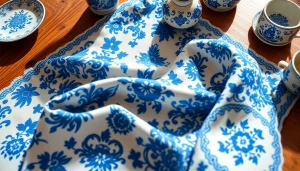 Delfts blauwe stof met verfijnde patronen op een houten tafel in een charmante setting.