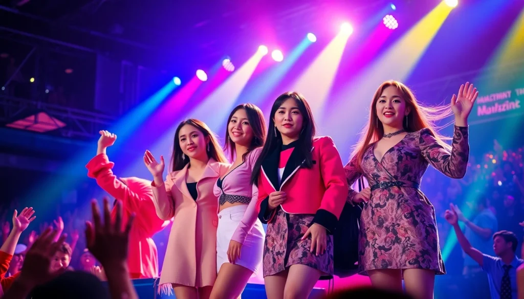 Dynamic concert scene featuring BLACKPINK members showcasing energy and style.