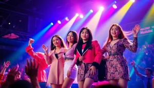 Dynamic concert scene featuring BLACKPINK members showcasing energy and style.