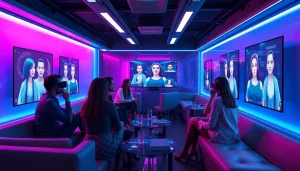 Engaging adults interacting with NSFW AI chatbots in a modern digital lounge.