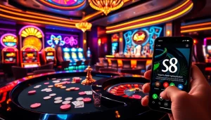 S8 app enhances betting experience at a vibrant casino with roulette tables and slot machines.