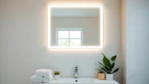 Brightly lit bathroom mirror with LED light enhances a serene bathroom space.