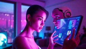 A photorealistic depiction of an NSFW AI chat interface, showcasing a character interacting in a modern, ambient-lit setting.