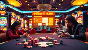 Mengajak pemain di meja permainan situs deposit 5k dengan elemen kasino yang berwarna-warni.