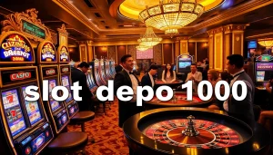 Pemain yang antusias merayakan kemenangan di kasino mewah yang menampilkan mesin slot Depo 1000.