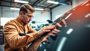 Applying paint protection film near me to a car in a professional workshop setting.