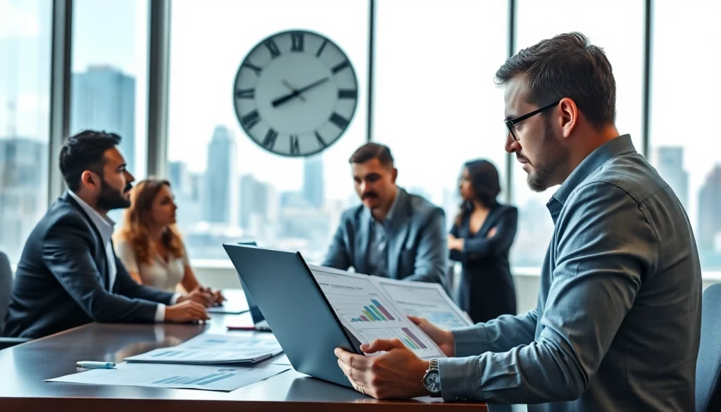 Crisis management consultant leading a strategic meeting with a diverse team in a modern office.