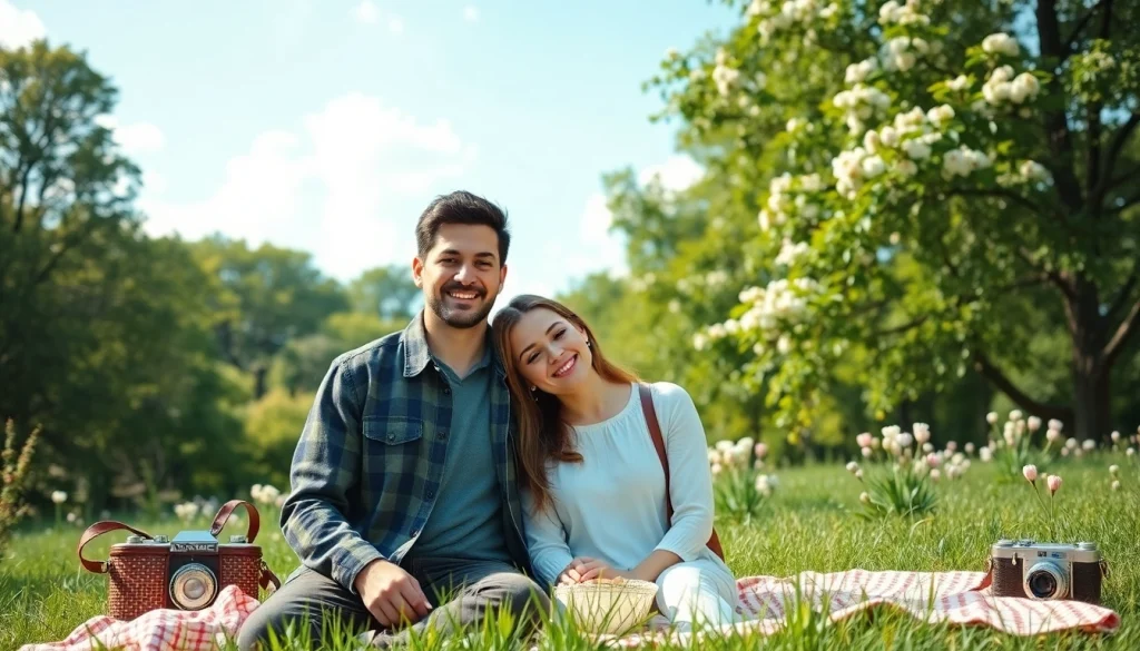 Engaging light & airy photography capturing a joyful couple outdoors in a blooming park.