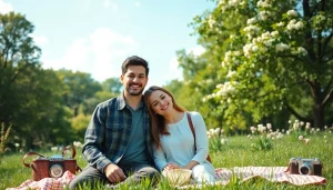 Engaging light & airy photography capturing a joyful couple outdoors in a blooming park.