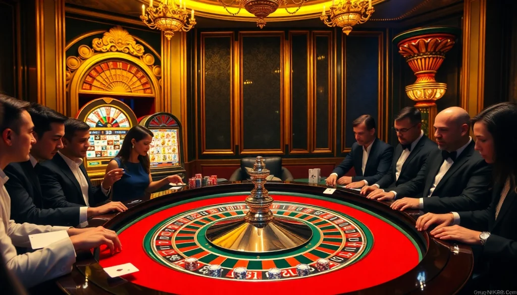 Excited players engaging with the NK88 casino experience at a luxurious roulette table.
