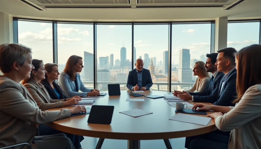 Luxembourg family holding investors collaborating in a contemporary office setting.