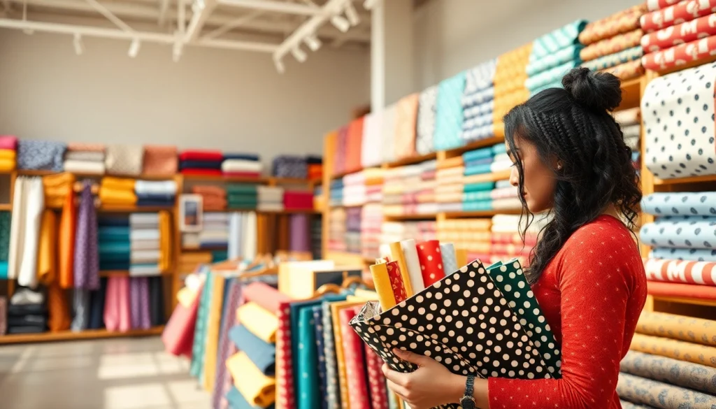 Een stoffenwinkel met kleurrijke legerprint stof en ontwerpen door een ontwerper.