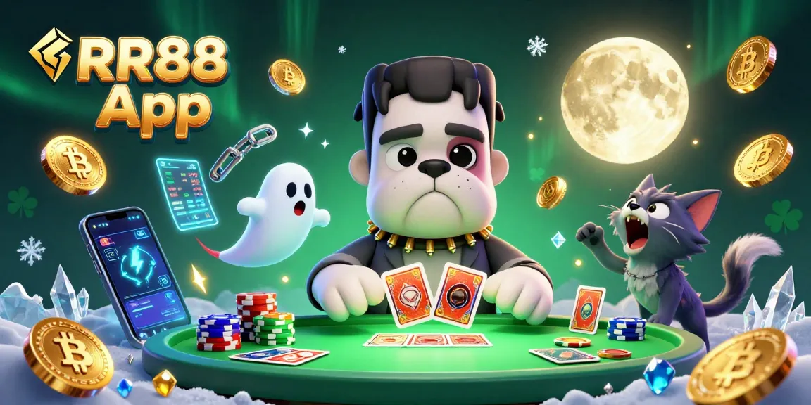 Engage with the exciting RR88 App featuring a lively 3D cartoon scene of characters dealing cards and floating crypto elements.